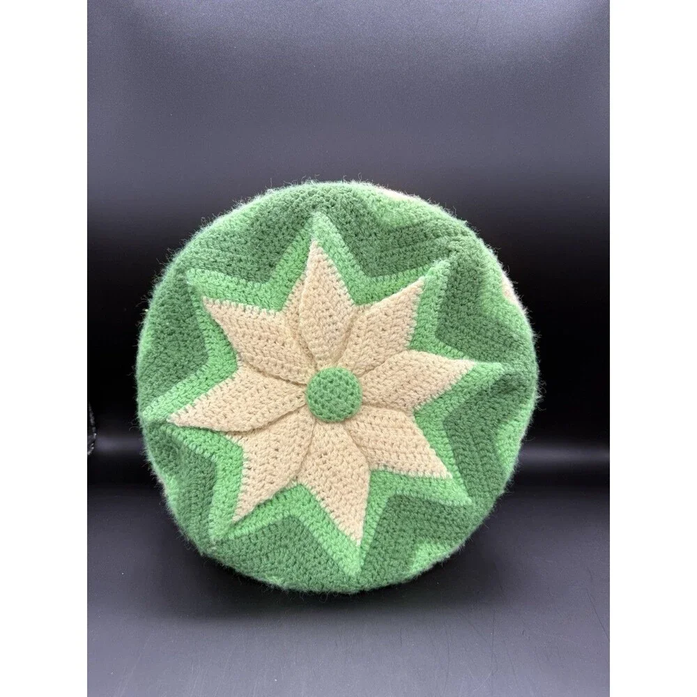 Vintage Crocheted grandmacore round Throw Pillow Star Pattern